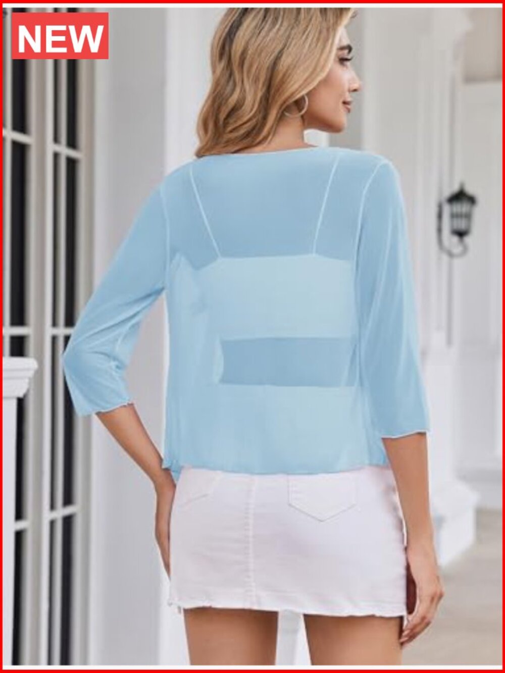 Sheer Mesh Tie Front Bolero Shrug 3/4 Sleeve Cropped Cardigan - Picture 5 of 7